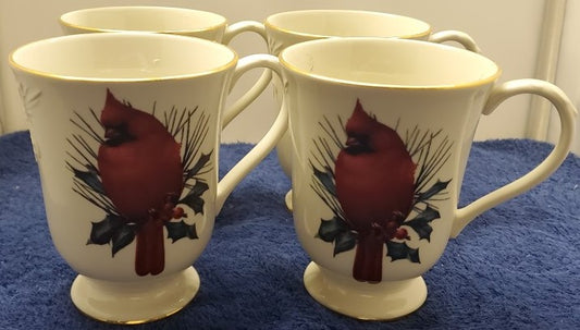 Set of 4 Lenox Winter Greetings Carved Accent Footed Mugs