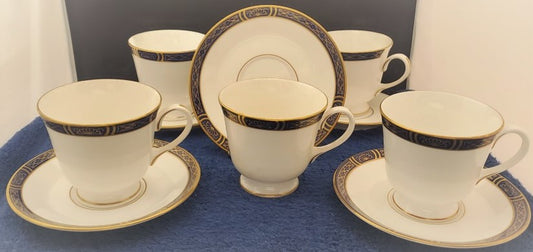 Set of 5 Royal Worcester Mountbatten Cobalt Blue (Gold Trim) Cup & Saucer Sets