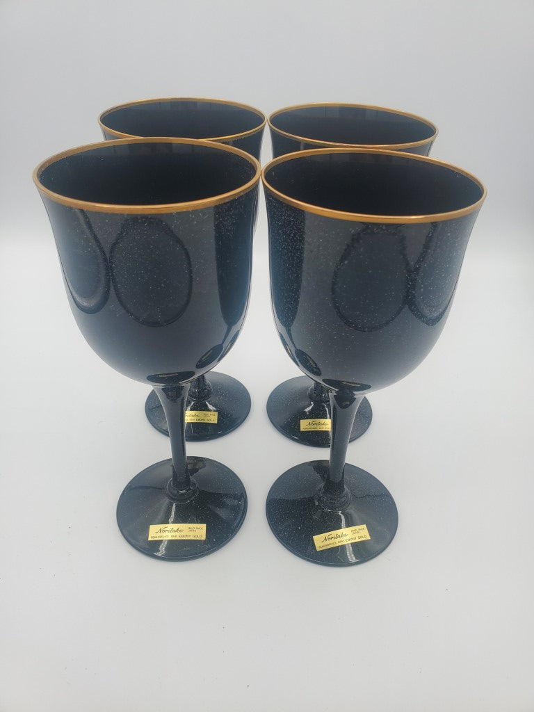 Set of 4 Noritake Remembrance Ebony Gold Water Goblets LK